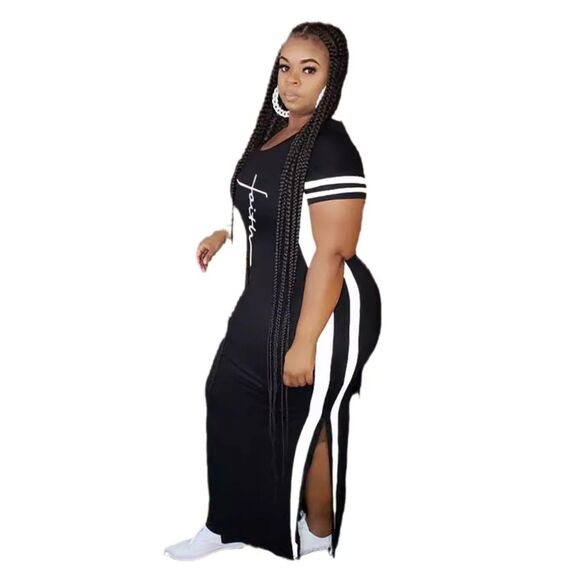 PHILLY'S TREASURE WOMEN NAVY PRINTED SPLIT SHORT SLEEVE ROUND NECK DRESS - Picture 2 of 5